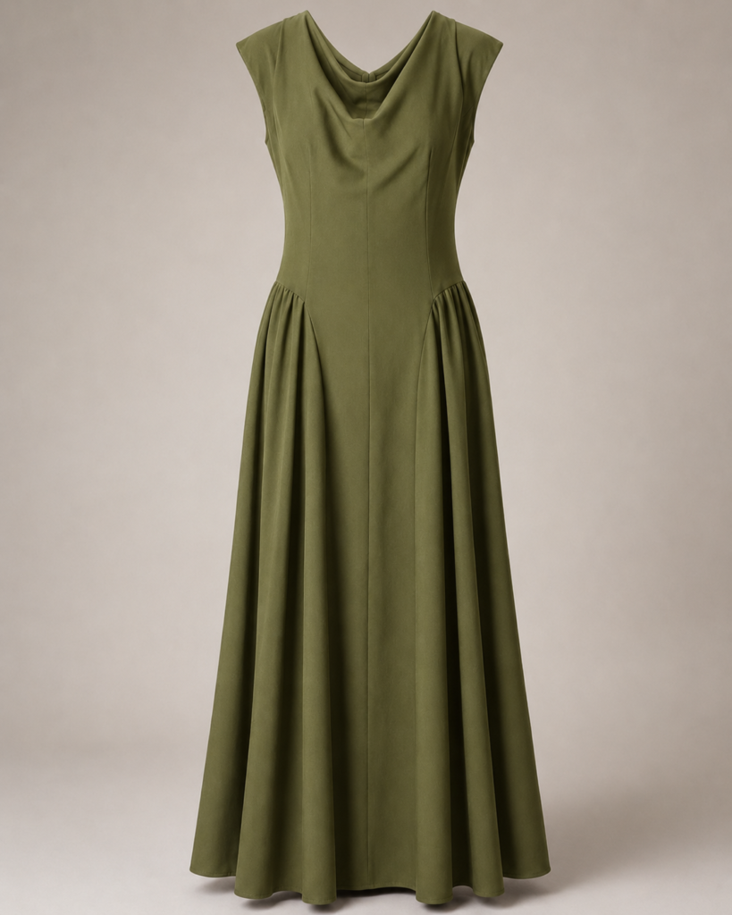 Women's Sleeveless Cowl Neck Drop-Waist Maxi Dress with Gathered Side Panels