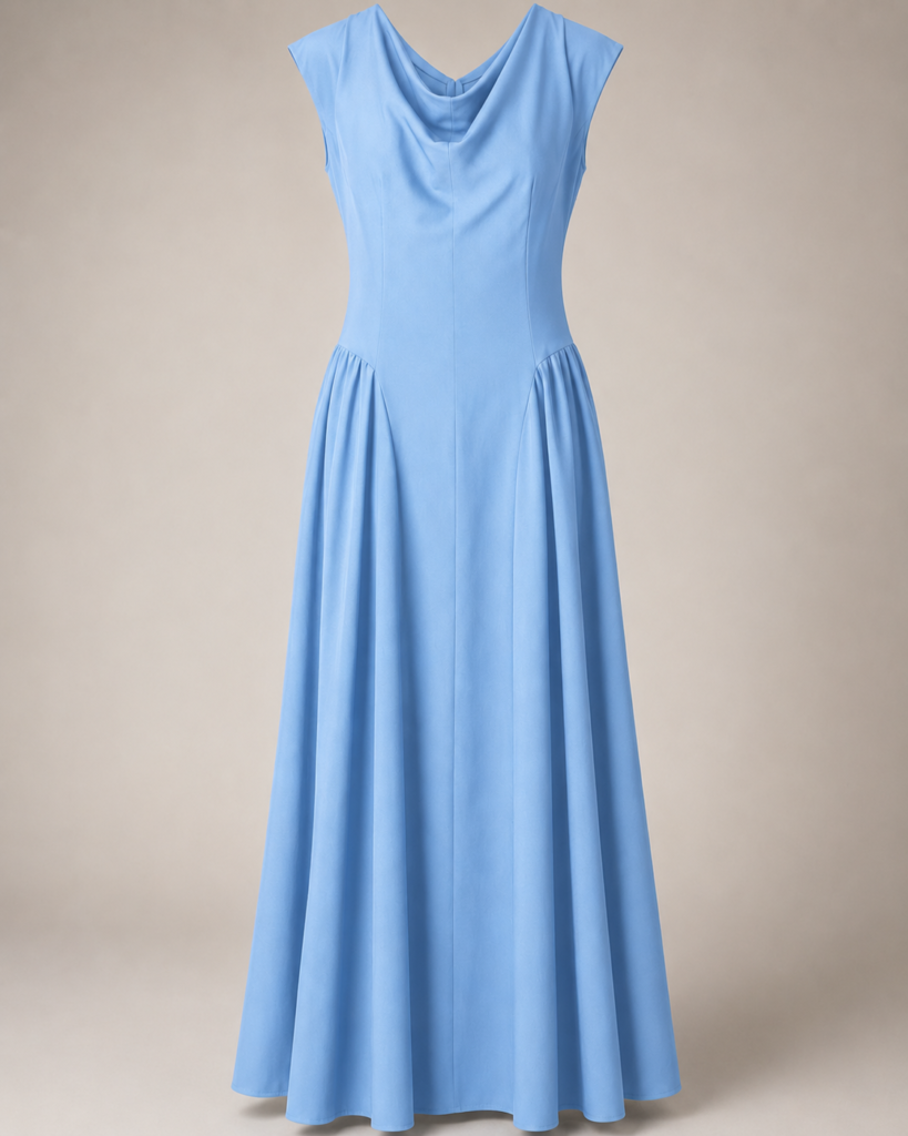 Women's Sleeveless Cowl Neck Drop-Waist Maxi Dress with Gathered Side Panels