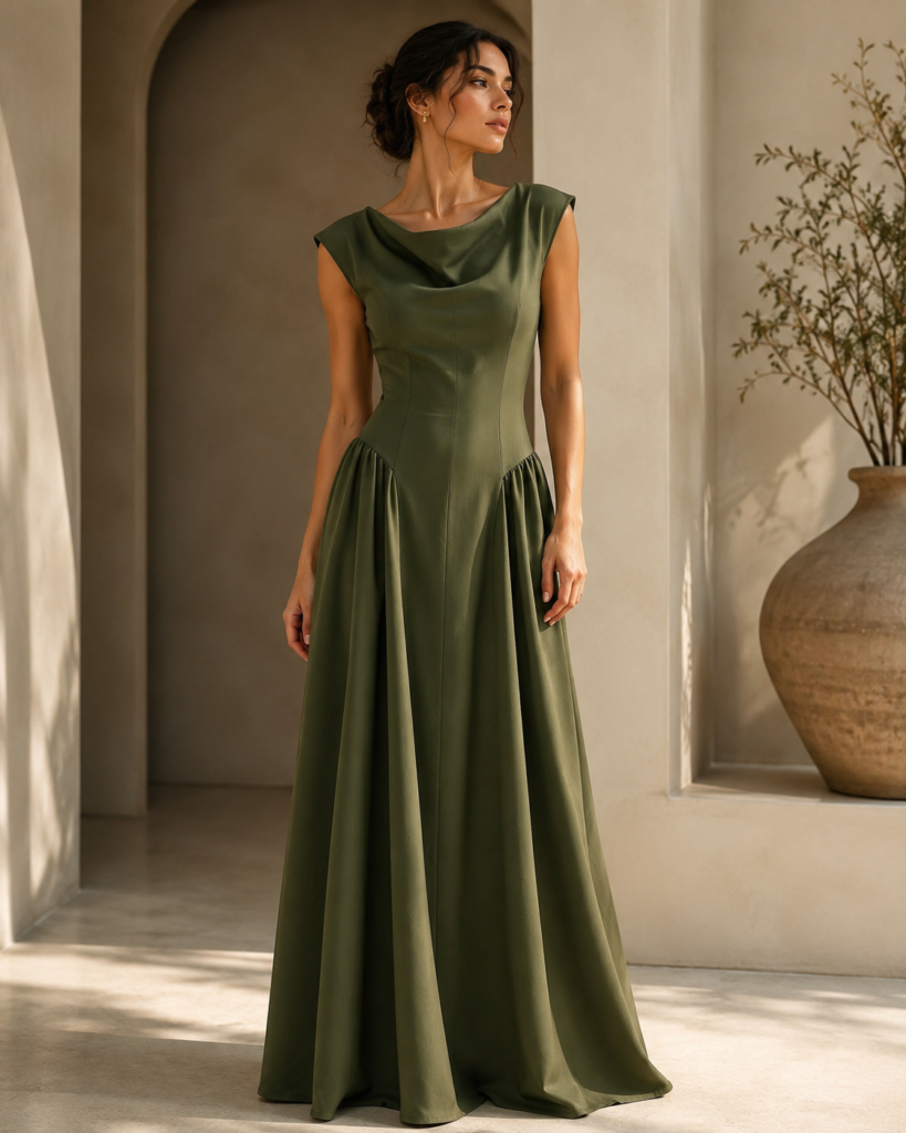 Women's Sleeveless Cowl Neck Drop-Waist Maxi Dress with Gathered Side Panels