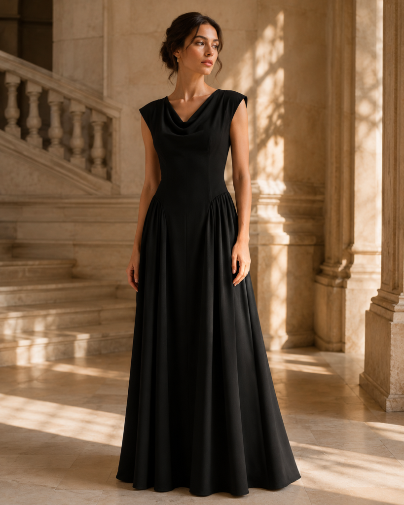 Women's Sleeveless Cowl Neck Drop-Waist Maxi Dress with Gathered Side Panels