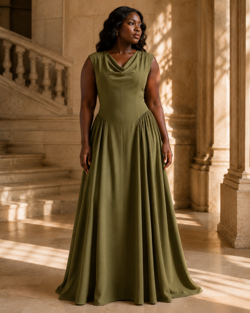 Women's Sleeveless Cowl Neck Drop-Waist Maxi Dress with Gathered Side Panels