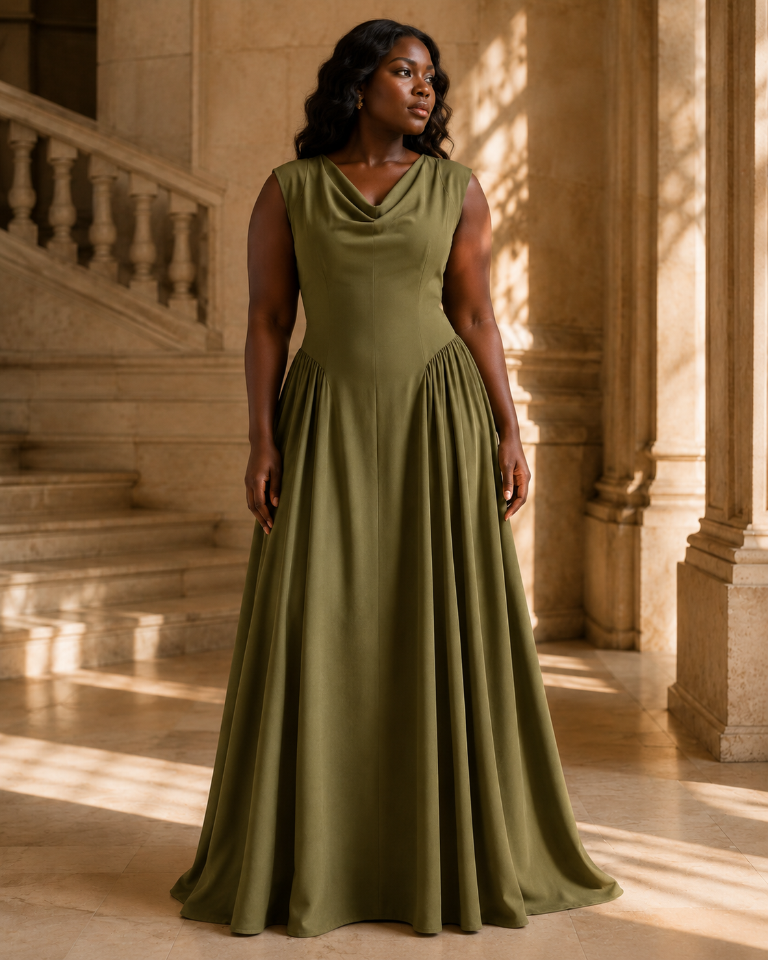 SHELLA — Robe maxi sans manches à col drapé, taille basse & panneaux froncés / Sleeveless Cowl Neck Drop-Waist Maxi Dress / فستان ماكسي بدون أكمام برقبة منسدلة وخصر منخفض وجوانب مكشكشة