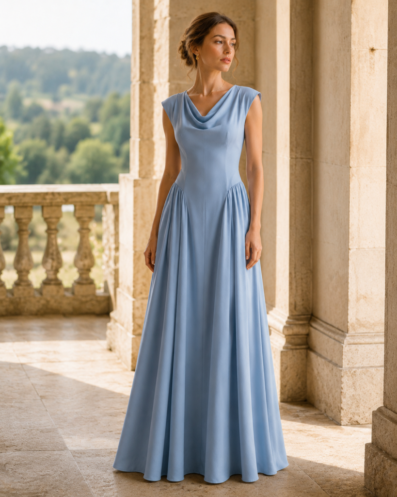 Women's Sleeveless Cowl Neck Drop-Waist Maxi Dress with Gathered Side Panels
