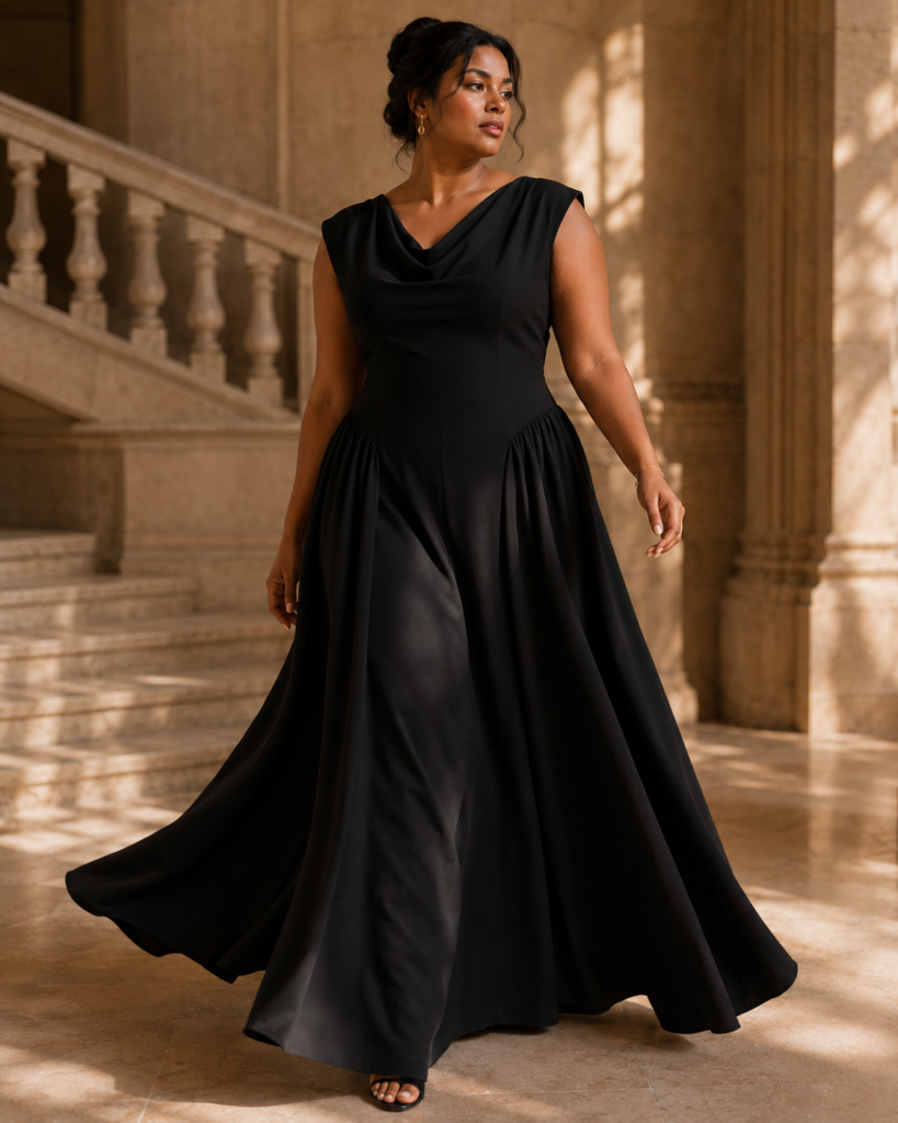 Women's Sleeveless Cowl Neck Drop-Waist Maxi Dress with Gathered Side Panels