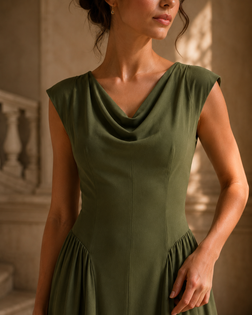 Women's Sleeveless Cowl Neck Drop-Waist Maxi Dress with Gathered Side Panels