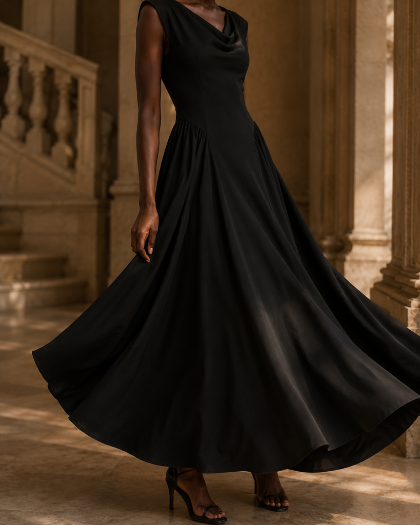 Women's Sleeveless Cowl Neck Drop-Waist Maxi Dress with Gathered Side Panels
