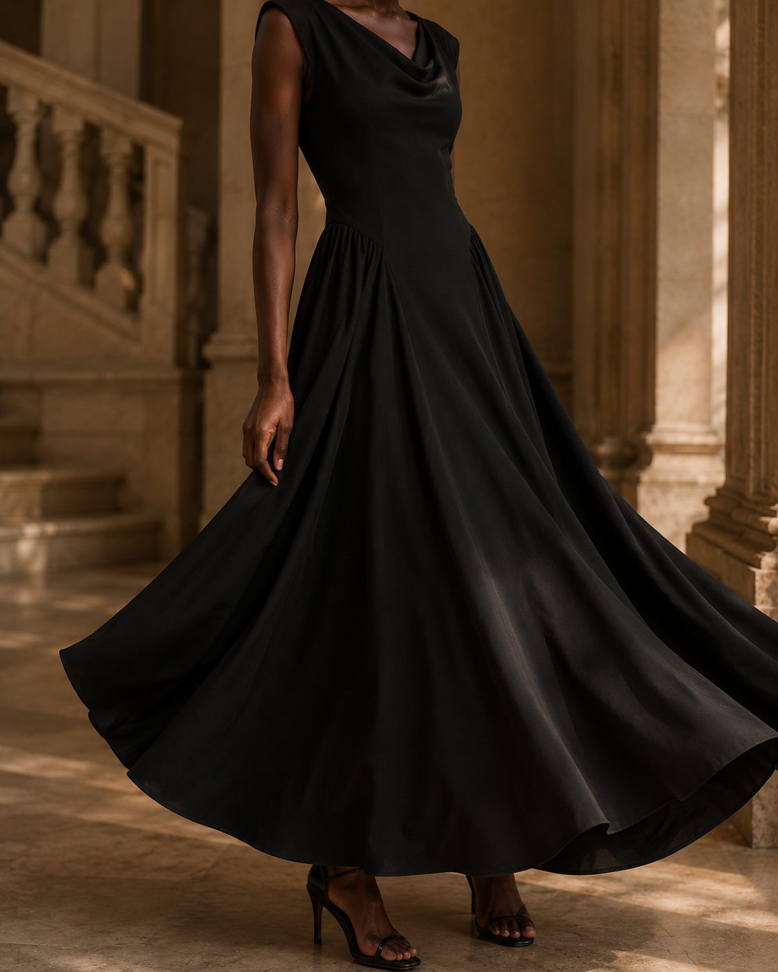 SHELLA — Robe maxi sans manches à col drapé, taille basse & panneaux froncés / Sleeveless Cowl Neck Drop-Waist Maxi Dress / فستان ماكسي بدون أكمام برقبة منسدلة وخصر منخفض وجوانب مكشكشة