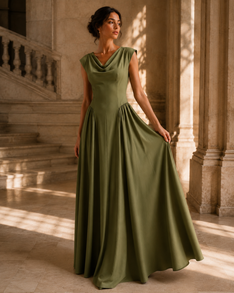 Women's Sleeveless Cowl Neck Drop-Waist Maxi Dress with Gathered Side Panels