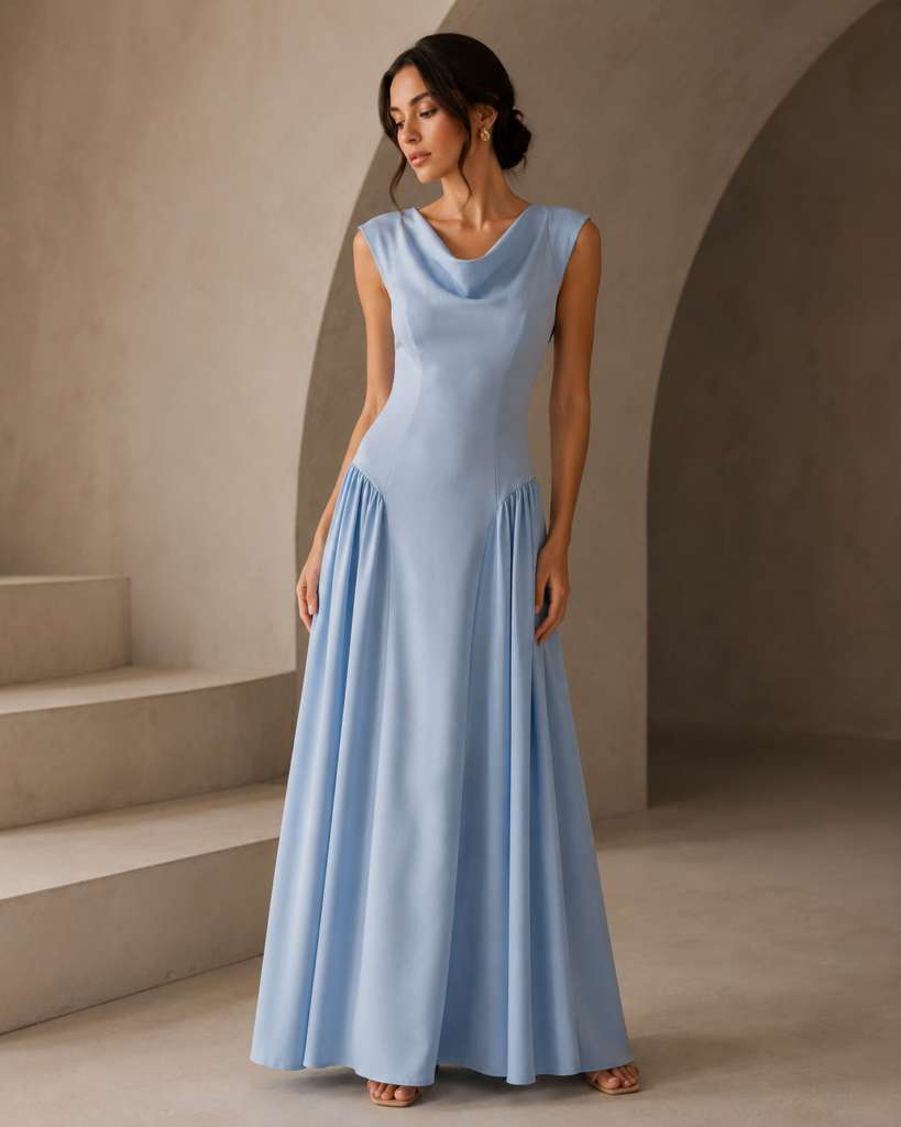 Women's Sleeveless Cowl Neck Drop-Waist Maxi Dress with Gathered Side Panels