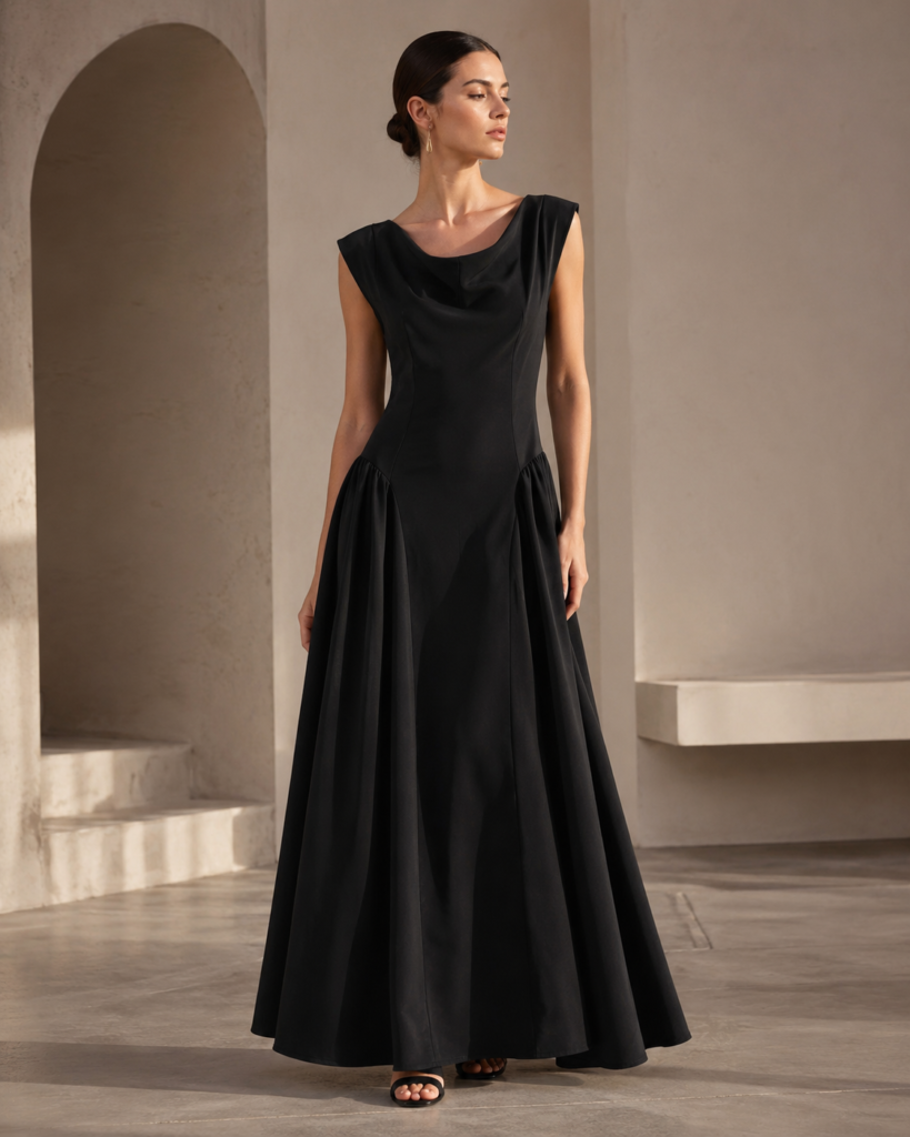 Women's Sleeveless Cowl Neck Drop-Waist Maxi Dress with Gathered Side Panels