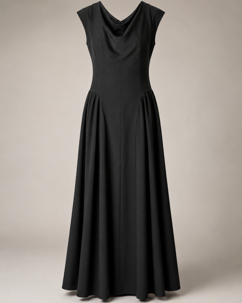 Women's Sleeveless Cowl Neck Drop-Waist Maxi Dress with Gathered Side Panels