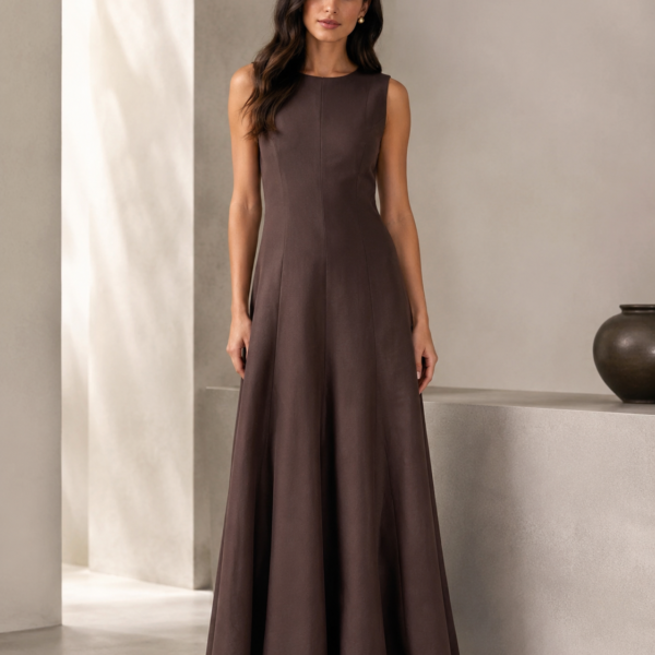 SHELLA — Robe longue évasée sans manches à empiècements & coutures verticales / Elegant Sleeveless Panelled Fit-and-Flare Maxi Dress / فستان طويل واسع بدون أكمام بقصّات عمودية