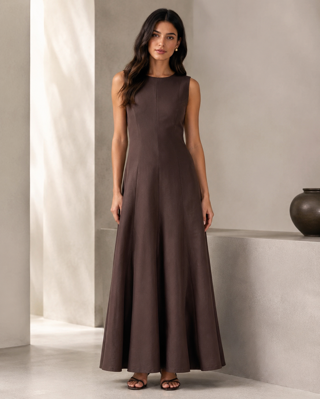 SHELLA — Robe longue évasée sans manches à empiècements & coutures verticales / Elegant Sleeveless Panelled Fit-and-Flare Maxi Dress / فستان طويل واسع بدون أكمام بقصّات عمودية