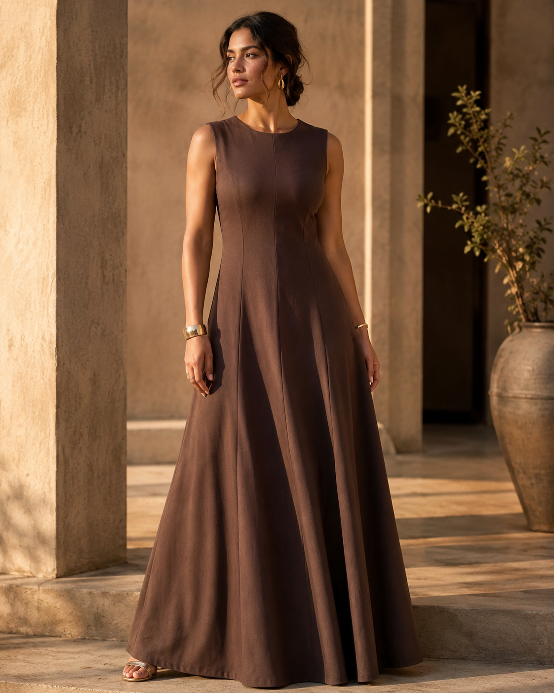SHELLA — Robe longue évasée sans manches à empiècements & coutures verticales / Elegant Sleeveless Panelled Fit-and-Flare Maxi Dress / فستان طويل واسع بدون أكمام بقصّات عمودية