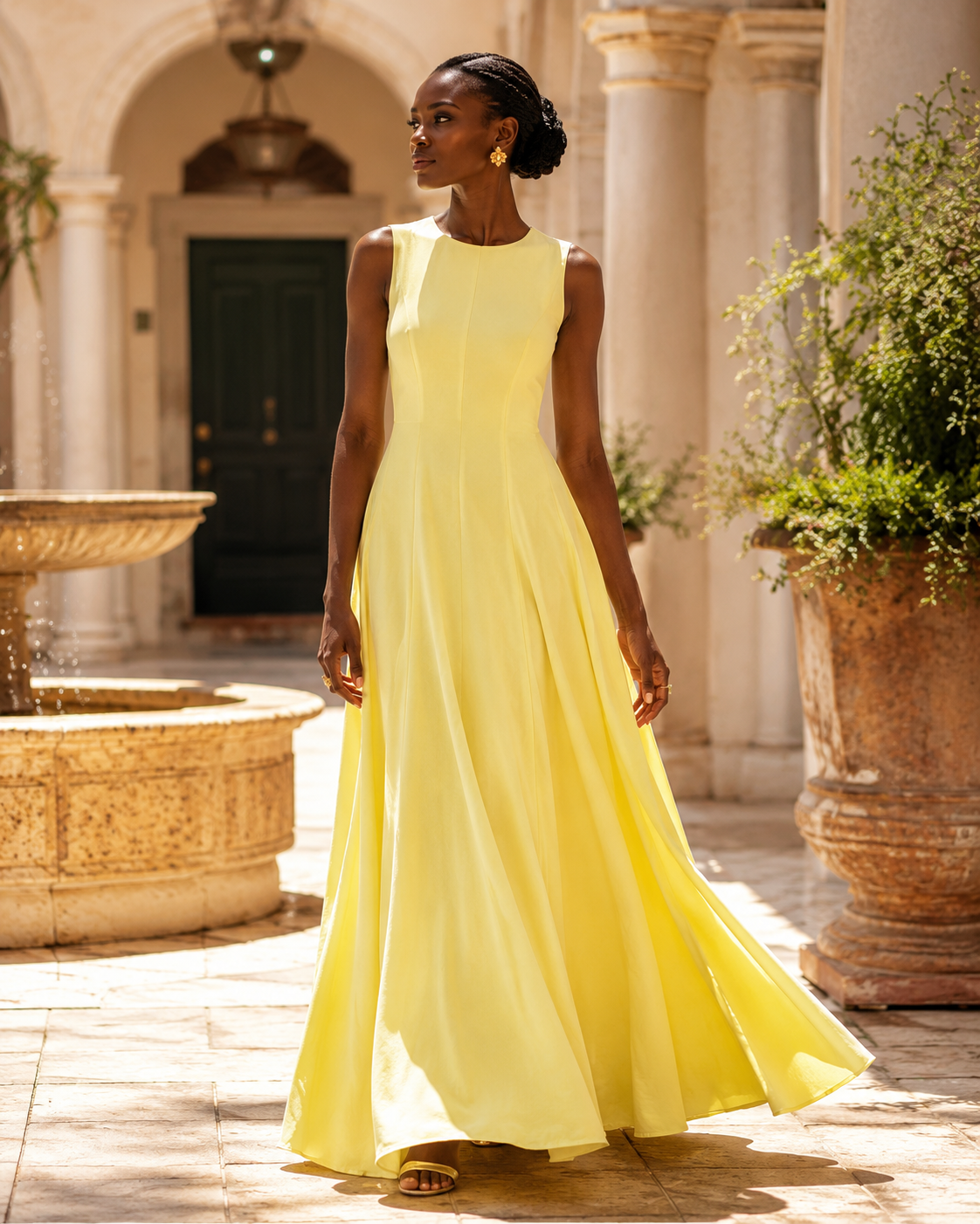 SHELLA — Robe longue évasée sans manches à empiècements & coutures verticales / Elegant Sleeveless Panelled Fit-and-Flare Maxi Dress / فستان طويل واسع بدون أكمام بقصّات عمودية