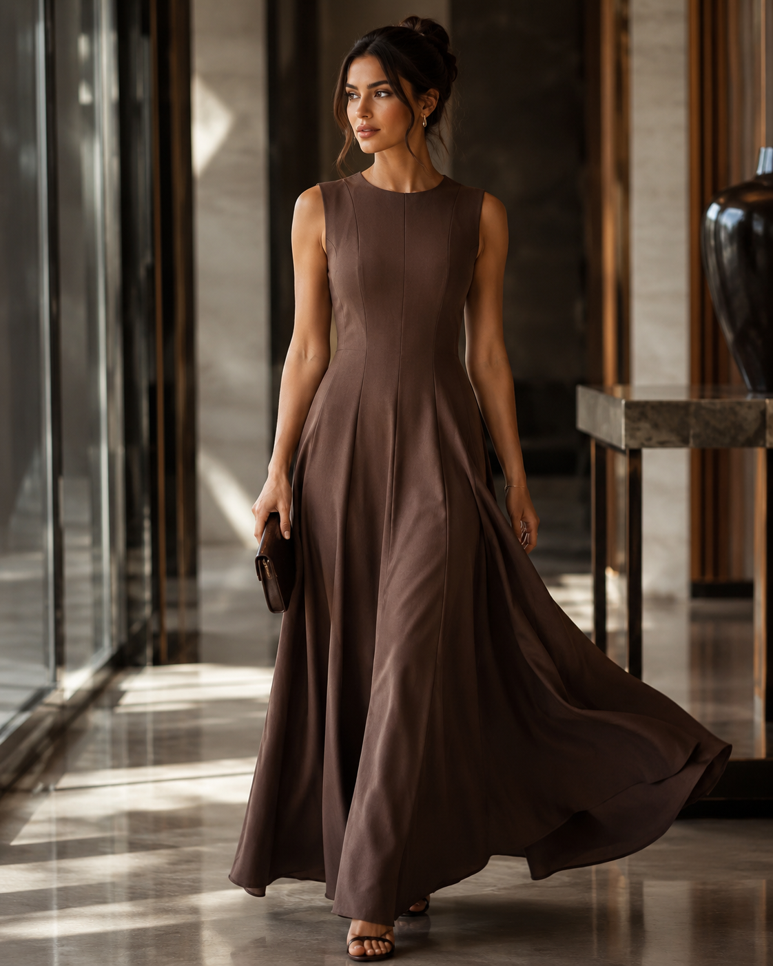 SHELLA — Robe longue évasée sans manches à empiècements & coutures verticales / Elegant Sleeveless Panelled Fit-and-Flare Maxi Dress / فستان طويل واسع بدون أكمام بقصّات عمودية