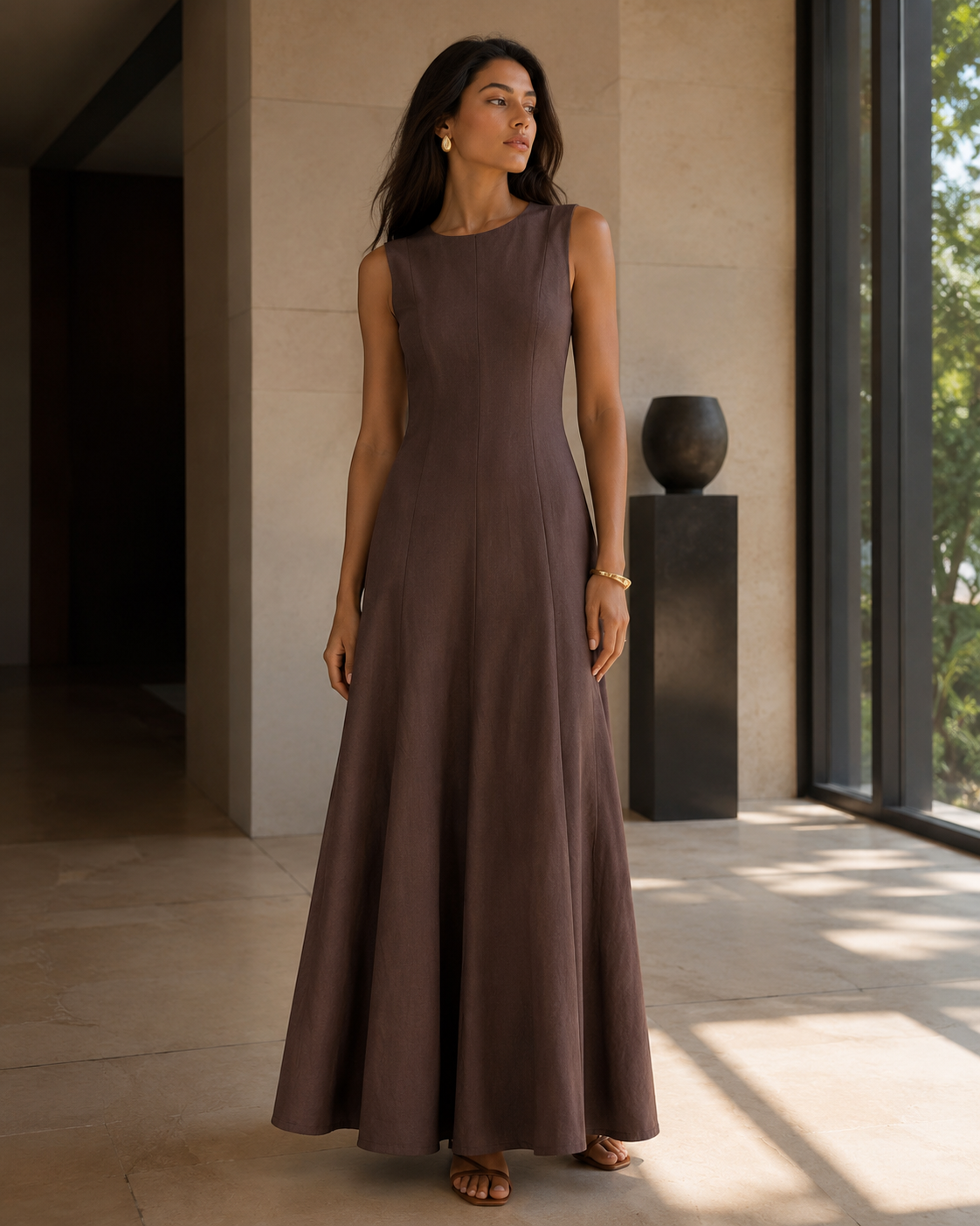 SHELLA — Robe longue évasée sans manches à empiècements & coutures verticales / Elegant Sleeveless Panelled Fit-and-Flare Maxi Dress / فستان طويل واسع بدون أكمام بقصّات عمودية