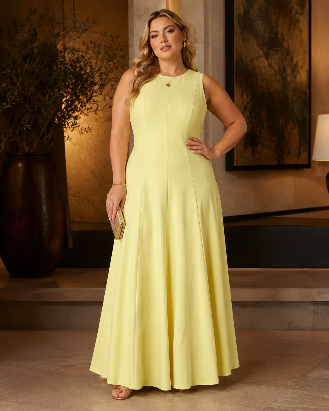 SHELLA — Robe longue évasée sans manches à empiècements & coutures verticales / Elegant Sleeveless Panelled Fit-and-Flare Maxi Dress / فستان طويل واسع بدون أكمام بقصّات عمودية
