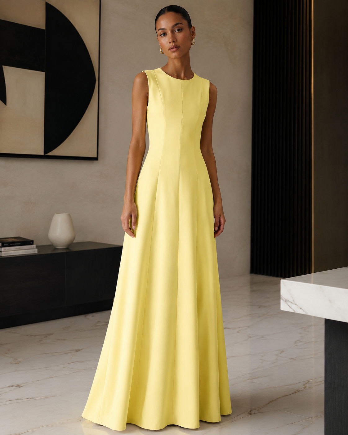SHELLA — Robe longue évasée sans manches à empiècements & coutures verticales / Elegant Sleeveless Panelled Fit-and-Flare Maxi Dress / فستان طويل واسع بدون أكمام بقصّات عمودية