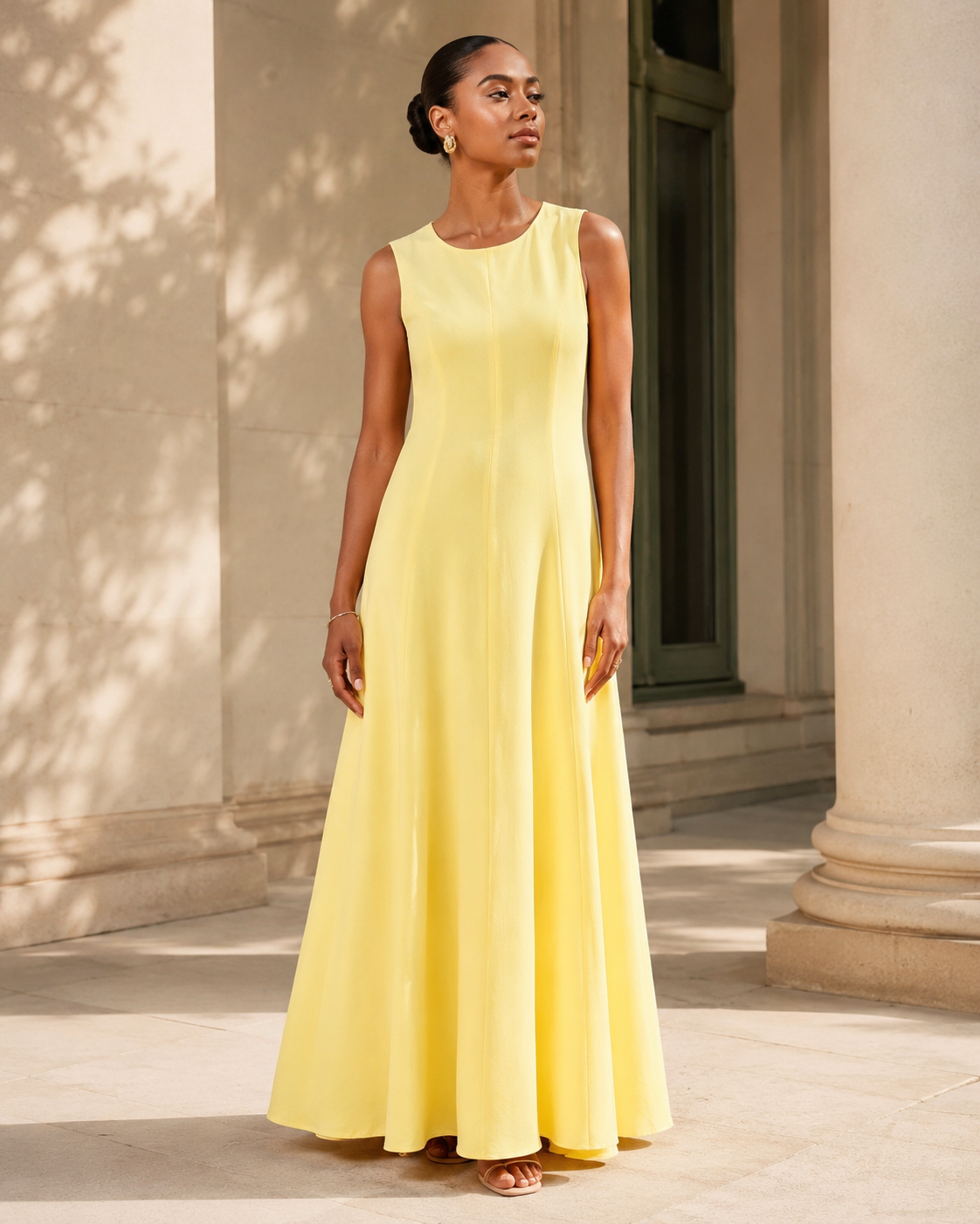 SHELLA — Robe longue évasée sans manches à empiècements & coutures verticales / Elegant Sleeveless Panelled Fit-and-Flare Maxi Dress / فستان طويل واسع بدون أكمام بقصّات عمودية