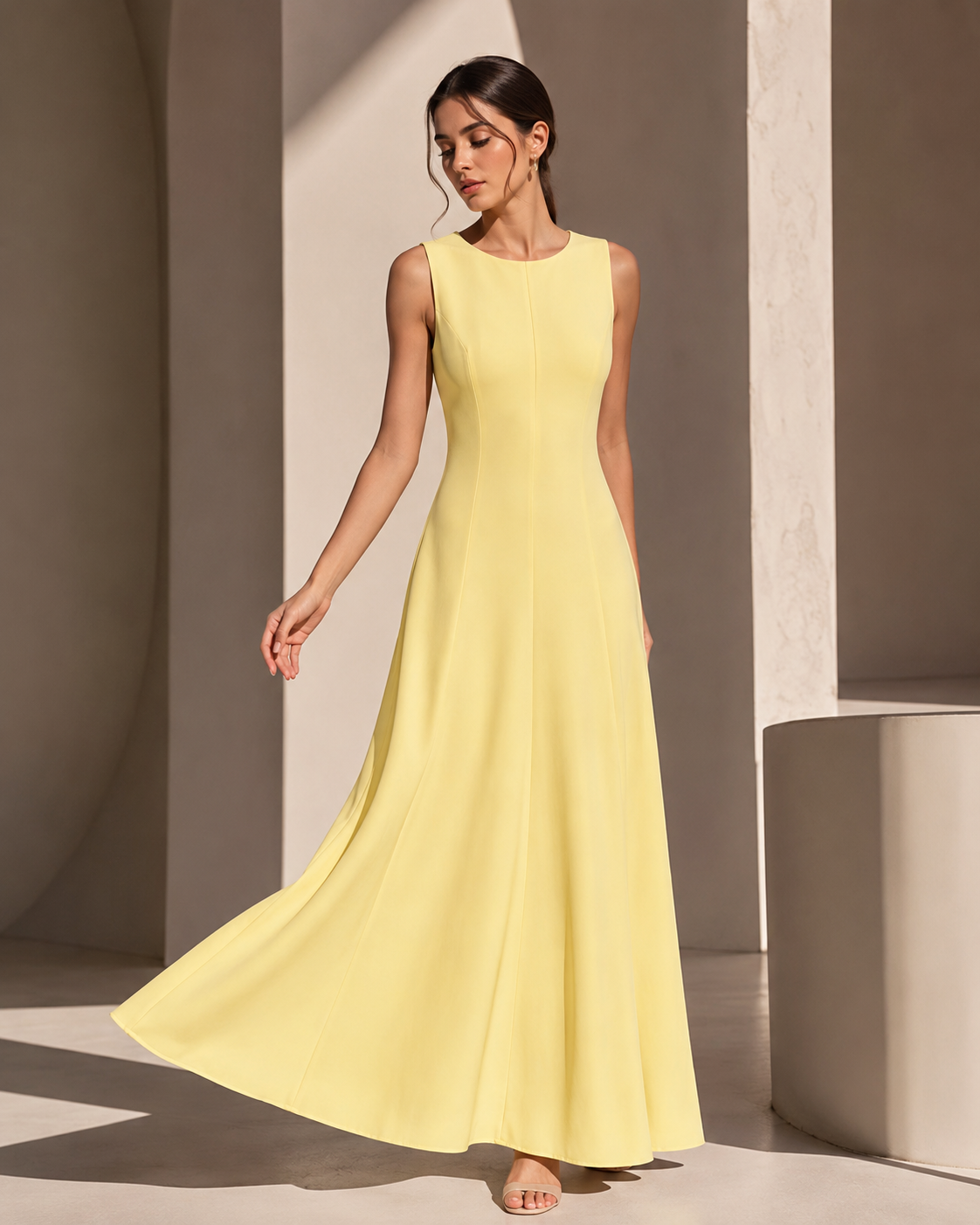 SHELLA — Robe longue évasée sans manches à empiècements & coutures verticales / Elegant Sleeveless Panelled Fit-and-Flare Maxi Dress / فستان طويل واسع بدون أكمام بقصّات عمودية