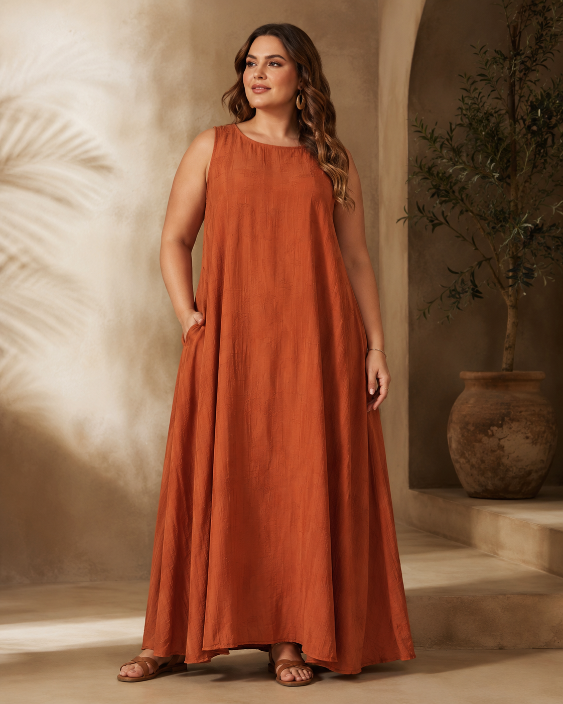 SHELLA — Robe longue évasée texturée sans manches, encolure ronde & dos noué / Sleeveless Textured A-Line Maxi Dress / فستان طويل بقَصّة A واسعة بقماش مزخرف بدون أكمام