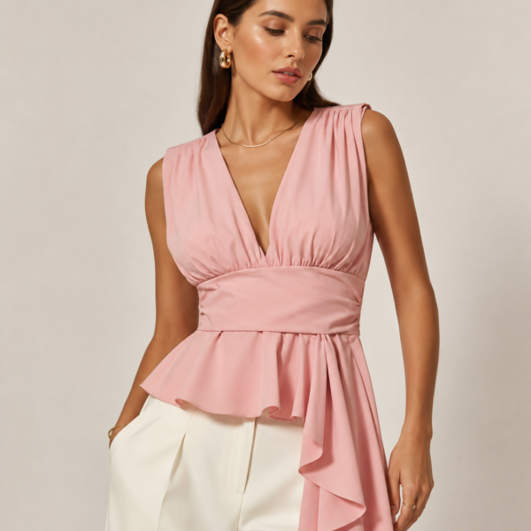 SHELLA — Top péplum drapé sans manches col V / Women's Sleeveless V-Neck Draped Peplum Top / بلوزة بيبلوم بدون أكمام برقبة V