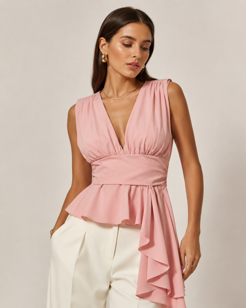 Women's Sleeveless V-Neck Draped Peplum Top