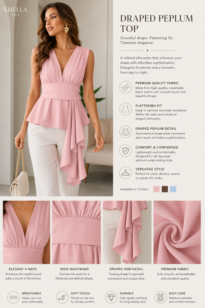 Women's Sleeveless V-Neck Draped Peplum Top