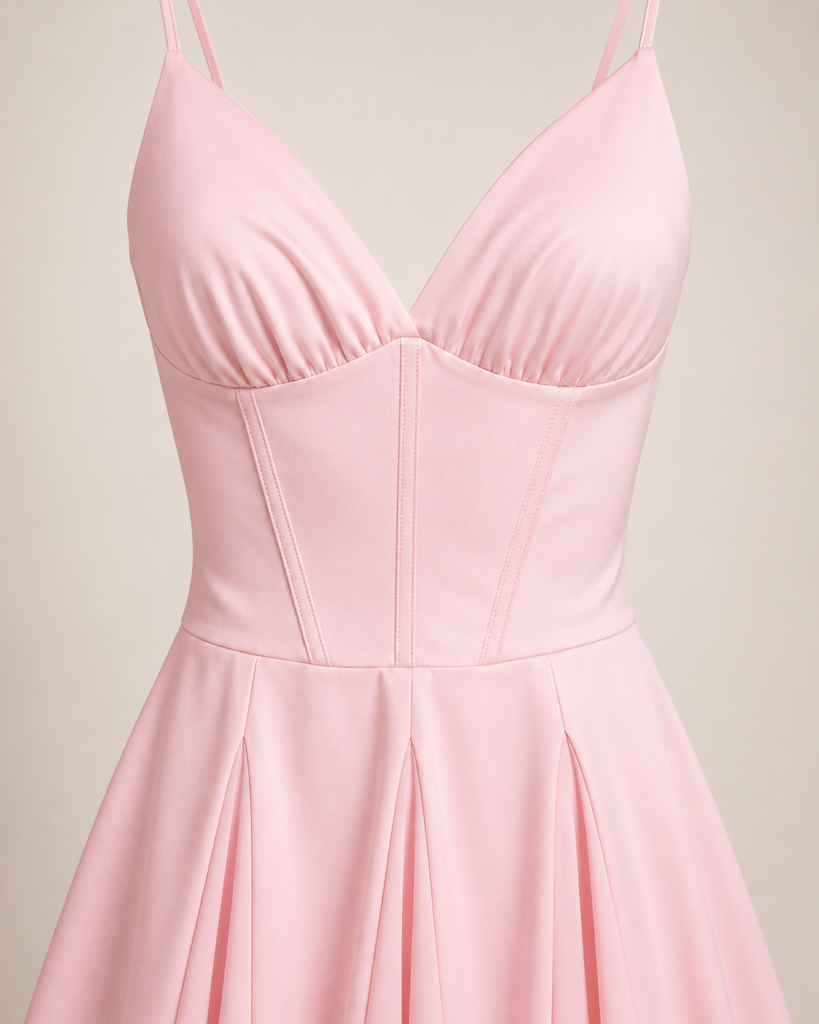 Women's Spaghetti Strap Corset Detail Pleated Mini Dress - V-Neck Fit & Flare Summer Dress