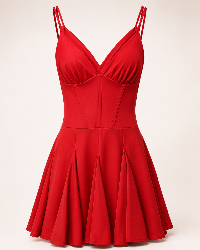 Women's Spaghetti Strap Corset Detail Pleated Mini Dress - V-Neck Fit & Flare Summer Dress