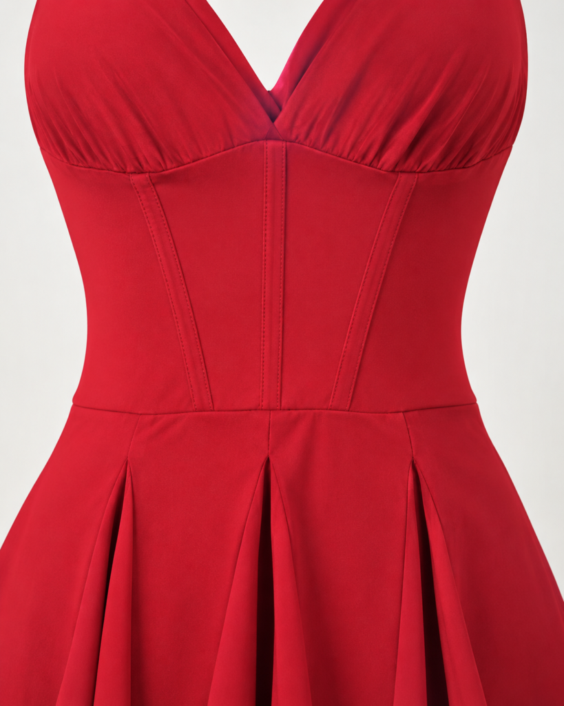 Women's Spaghetti Strap Corset Detail Pleated Mini Dress - V-Neck Fit & Flare Summer Dress