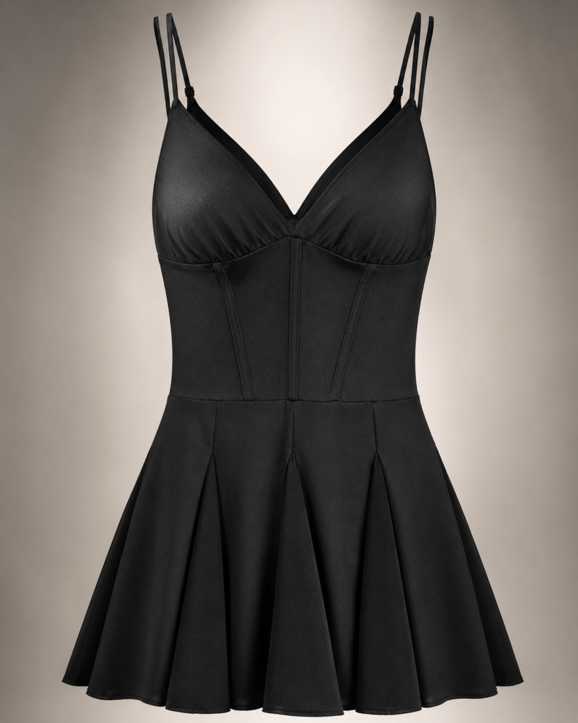 Women's Spaghetti Strap Corset Detail Pleated Mini Dress - V-Neck Fit & Flare Summer Dress