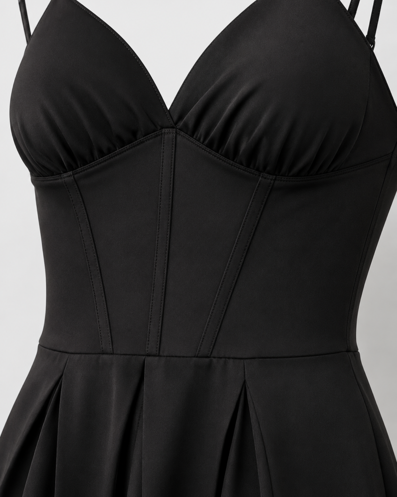 Women's Spaghetti Strap Corset Detail Pleated Mini Dress - V-Neck Fit & Flare Summer Dress