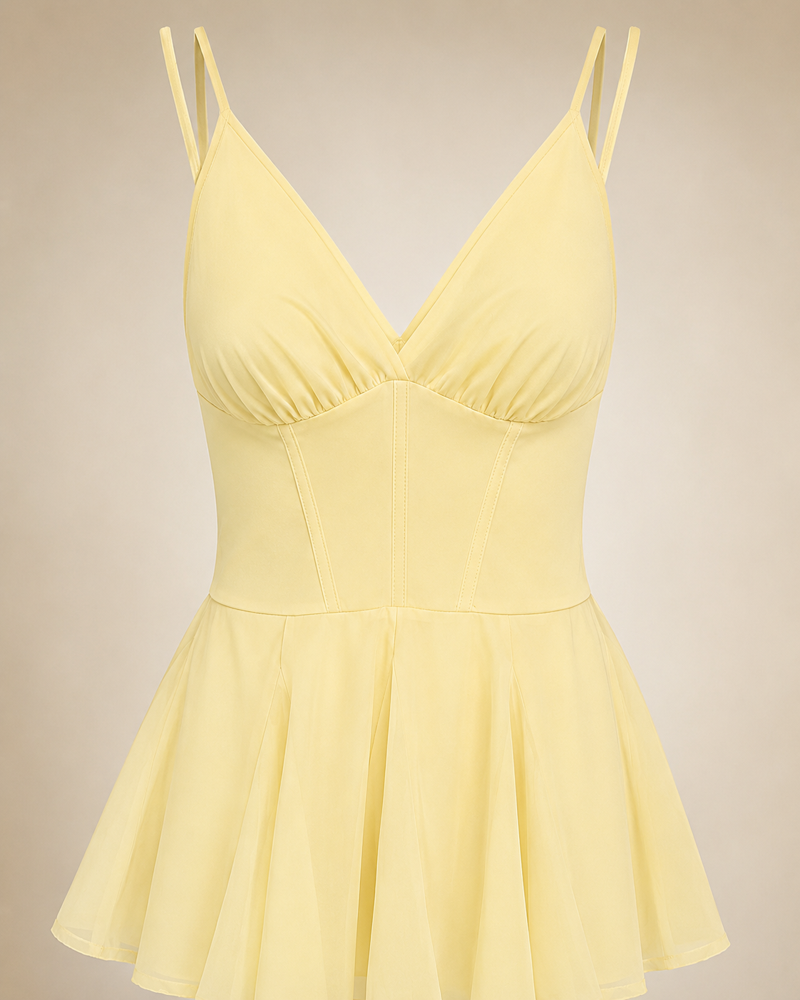 SHELLA — Robe courte à bretelles fines détail corset jupe plissée col V / Spaghetti Strap Corset Detail Pleated Mini Dress / فستان قصير بحمالات رفيعة بتفصيل كورسيه وتنورة بليسيه
