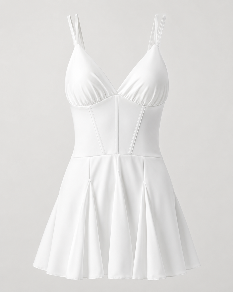 Women's Spaghetti Strap Corset Detail Pleated Mini Dress - V-Neck Fit & Flare Summer Dress