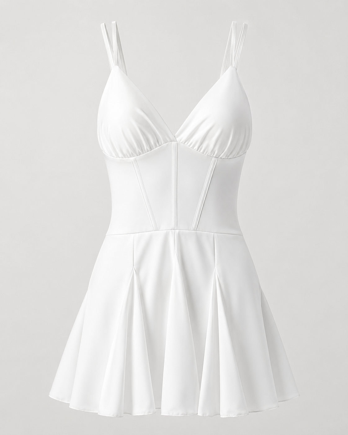 SHELLA — Robe courte à bretelles fines détail corset jupe plissée col V / Spaghetti Strap Corset Detail Pleated Mini Dress / فستان قصير بحمالات رفيعة بتفصيل كورسيه وتنورة بليسيه