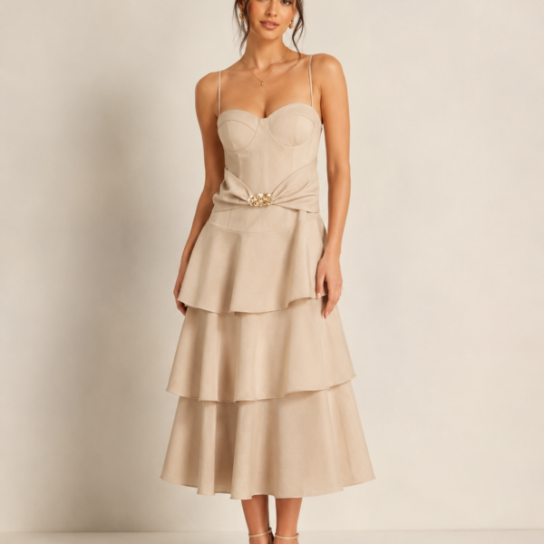 SHELLA — Robe midi bustier à fines bretelles, jupe à volants & broche dorée / Spaghetti Strap Flounce Bustier Midi Dress with Gold Brooch / فستان ميدي بكورسيه وحمالات رفيعة وتنورة كشكش وبروش ذهبي