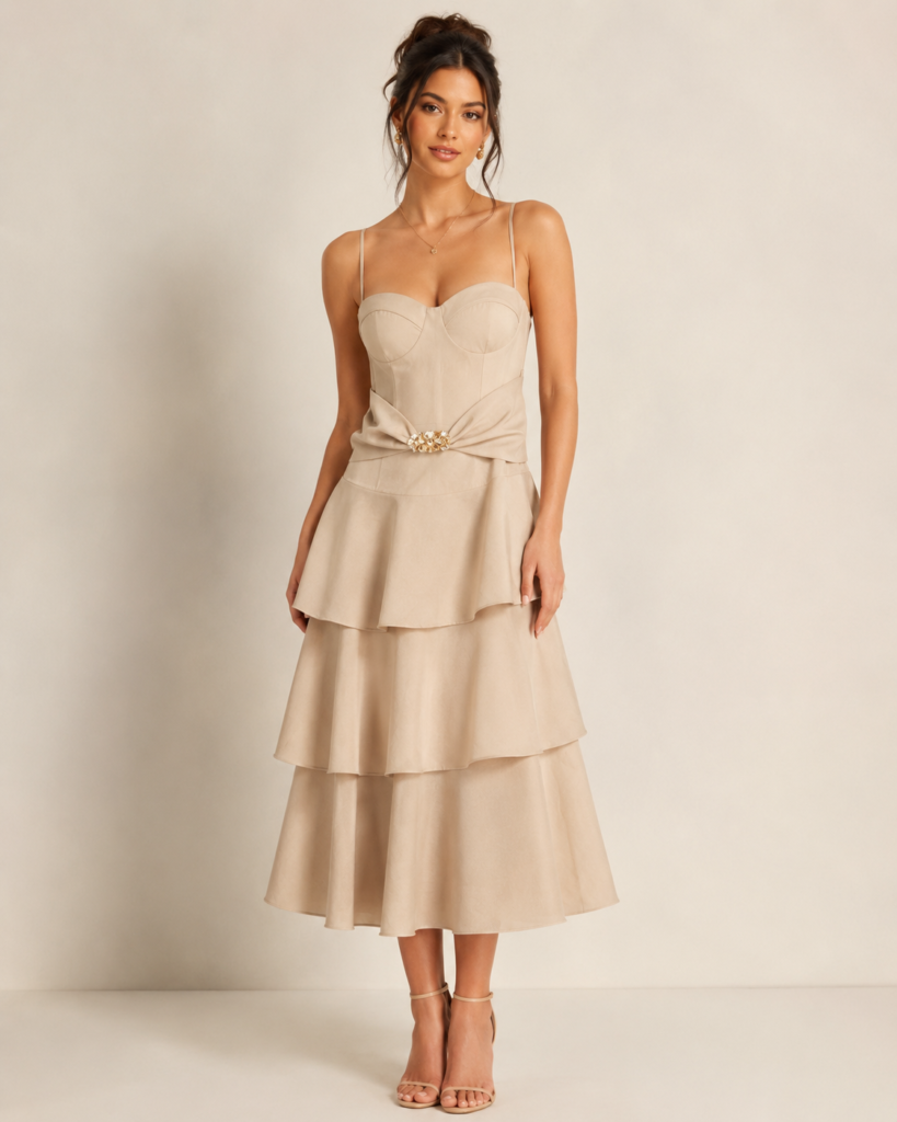 Luxury Spaghetti Strap Bustier Tiered Midi Dress with Gold Brooch