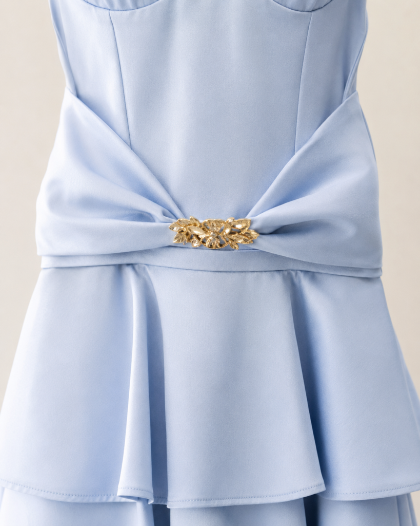 Luxury Spaghetti Strap Bustier Tiered Midi Dress with Gold Brooch
