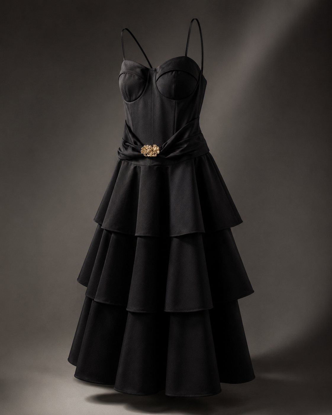 SHELLA — Robe midi bustier à fines bretelles, jupe à volants & broche dorée / Spaghetti Strap Flounce Bustier Midi Dress with Gold Brooch / فستان ميدي بكورسيه وحمالات رفيعة وتنورة كشكش وبروش ذهبي