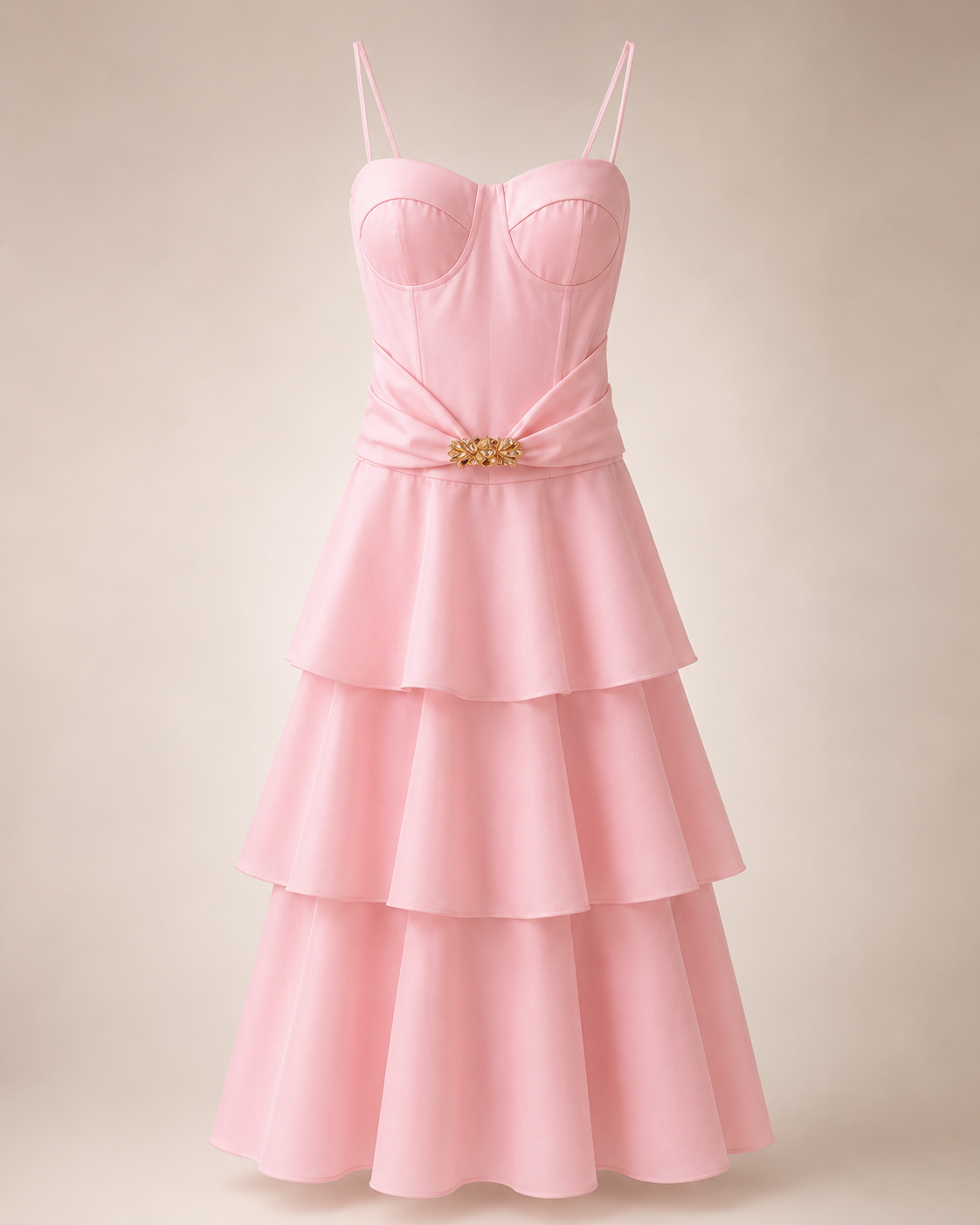SHELLA — Robe midi bustier à fines bretelles, jupe à volants & broche dorée / Spaghetti Strap Flounce Bustier Midi Dress with Gold Brooch / فستان ميدي بكورسيه وحمالات رفيعة وتنورة كشكش وبروش ذهبي