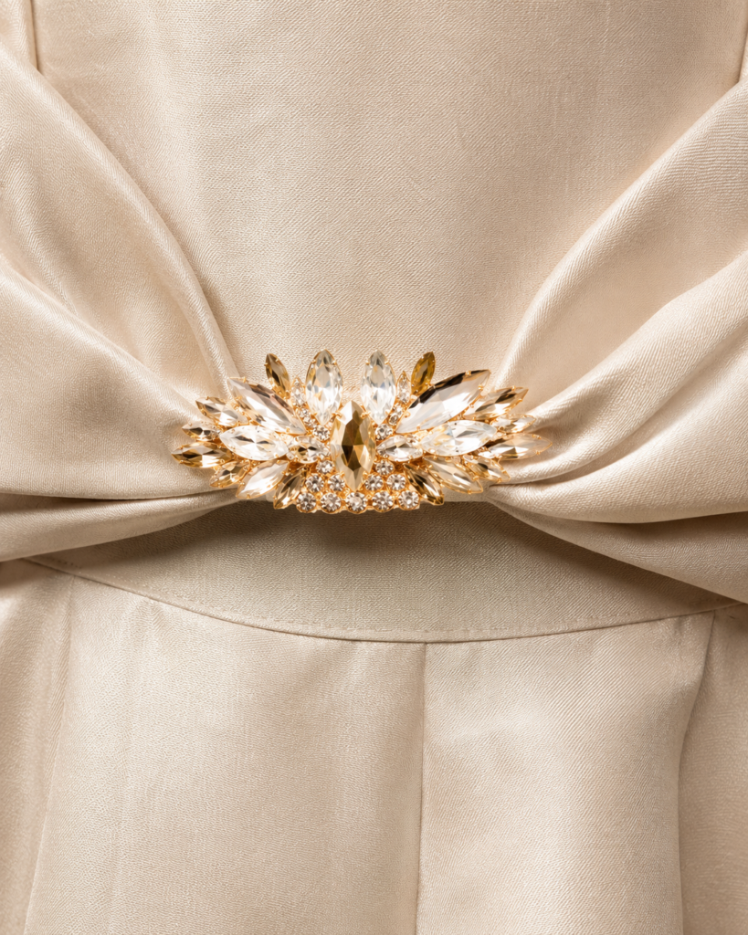 Luxury Spaghetti Strap Bustier Tiered Midi Dress with Gold Brooch