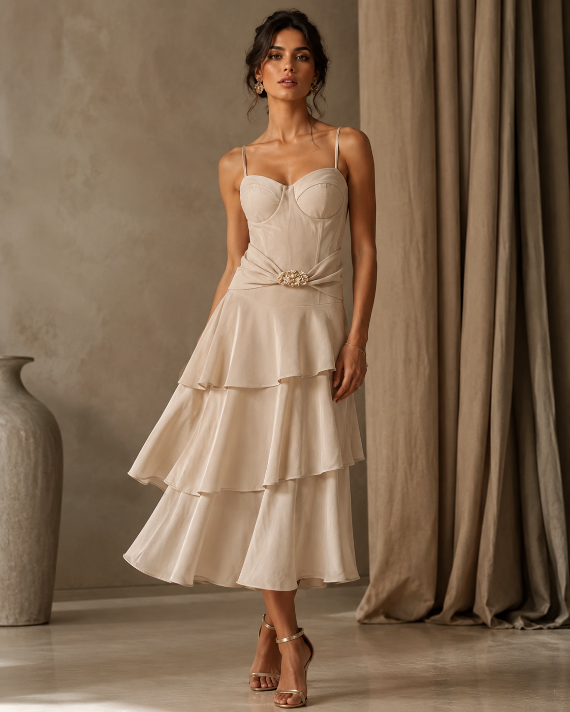 SHELLA — Robe midi bustier à fines bretelles, jupe à volants & broche dorée / Spaghetti Strap Flounce Bustier Midi Dress with Gold Brooch / فستان ميدي بكورسيه وحمالات رفيعة وتنورة كشكش وبروش ذهبي