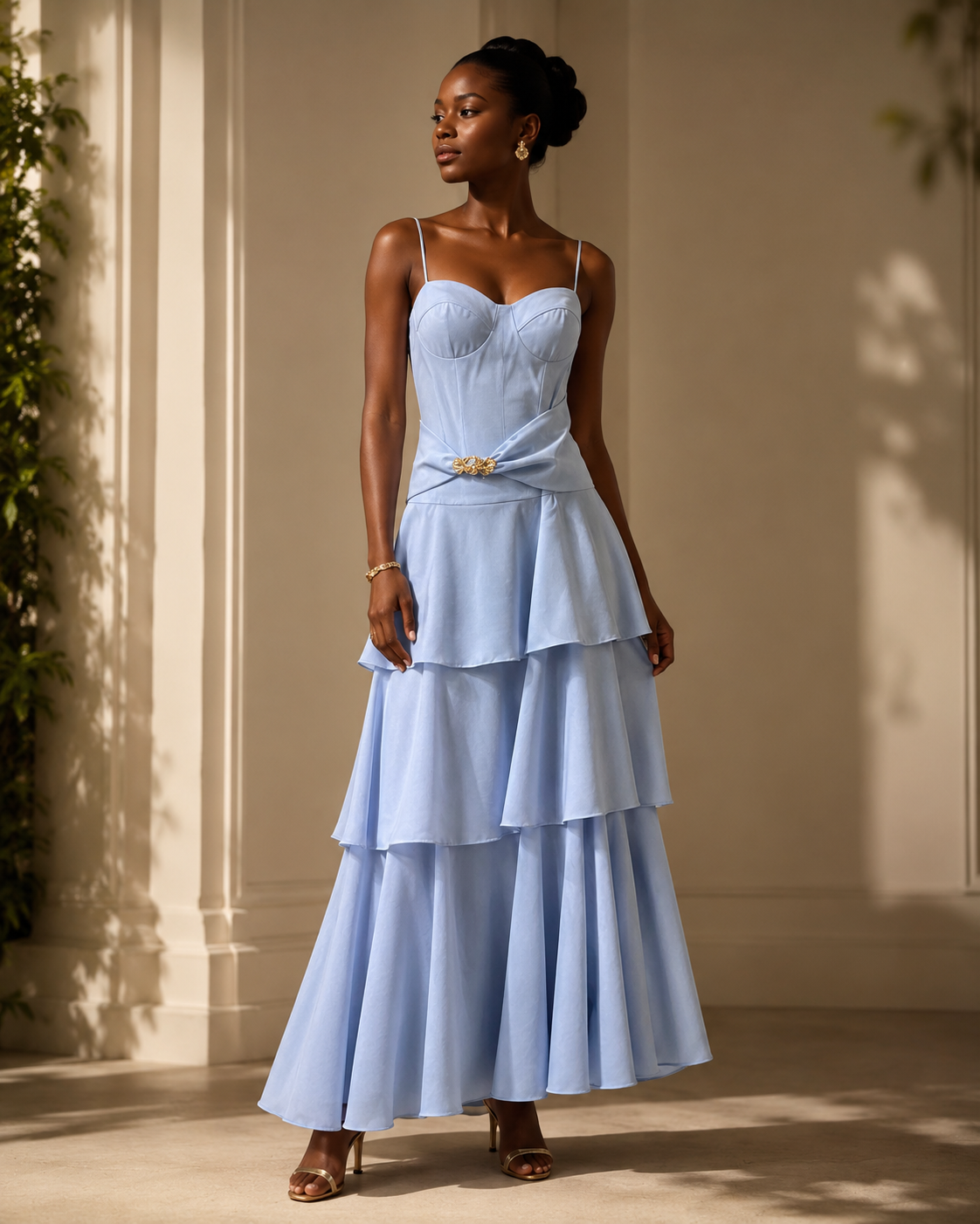 SHELLA — Robe midi bustier à fines bretelles, jupe à volants & broche dorée / Spaghetti Strap Flounce Bustier Midi Dress with Gold Brooch / فستان ميدي بكورسيه وحمالات رفيعة وتنورة كشكش وبروش ذهبي