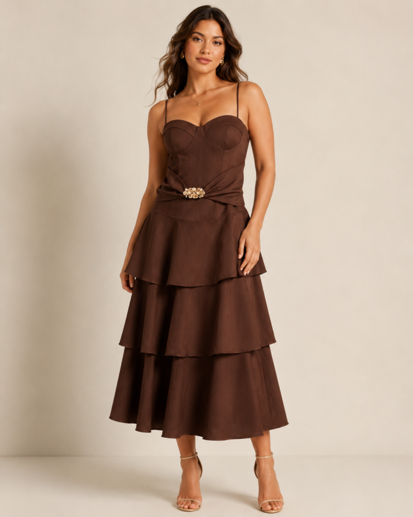Luxury Spaghetti Strap Bustier Tiered Midi Dress with Gold Brooch