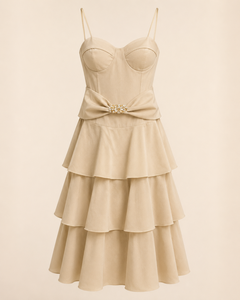 Luxury Spaghetti Strap Bustier Tiered Midi Dress with Gold Brooch