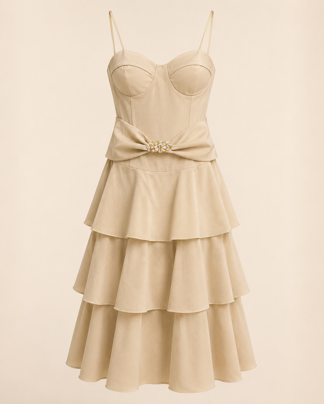 SHELLA — Robe midi bustier à fines bretelles, jupe à volants & broche dorée / Spaghetti Strap Flounce Bustier Midi Dress with Gold Brooch / فستان ميدي بكورسيه وحمالات رفيعة وتنورة كشكش وبروش ذهبي