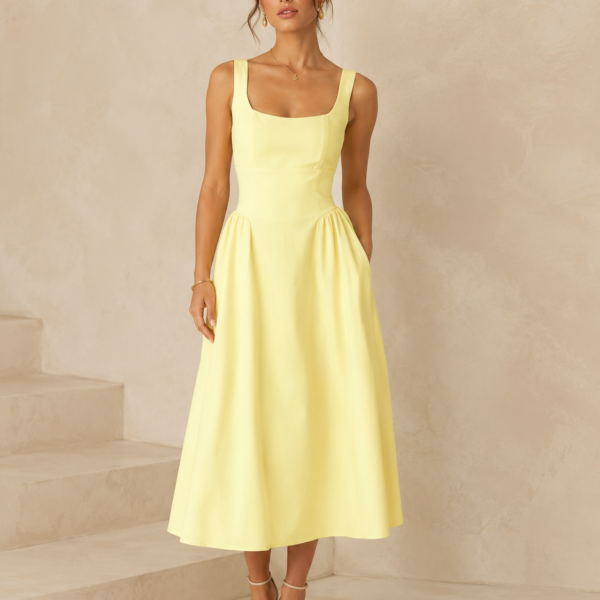 SHELLA — Robe midi sans manches col carré à bustier structuré / Elegant Square Neck Sleeveless Midi Dress / فستان ميدي بدون أكمام بياقة مربعة وصدرية منسّقة