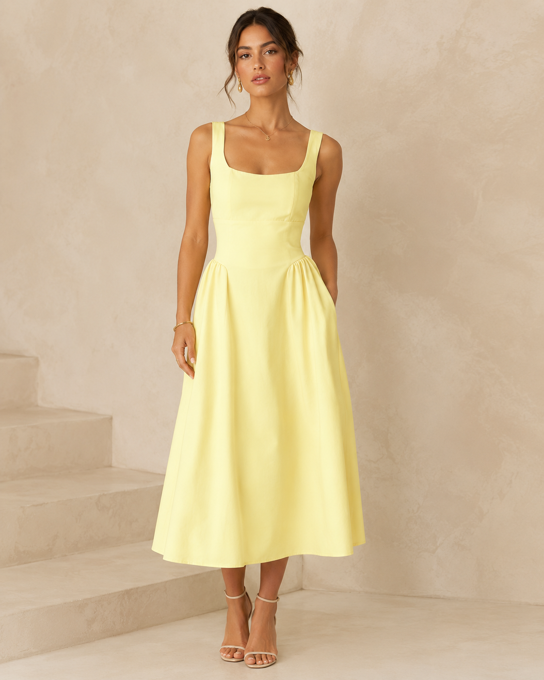 SHELLA — Robe midi sans manches col carré à bustier structuré / Elegant Square Neck Sleeveless Midi Dress / فستان ميدي بدون أكمام بياقة مربعة وصدرية منسّقة